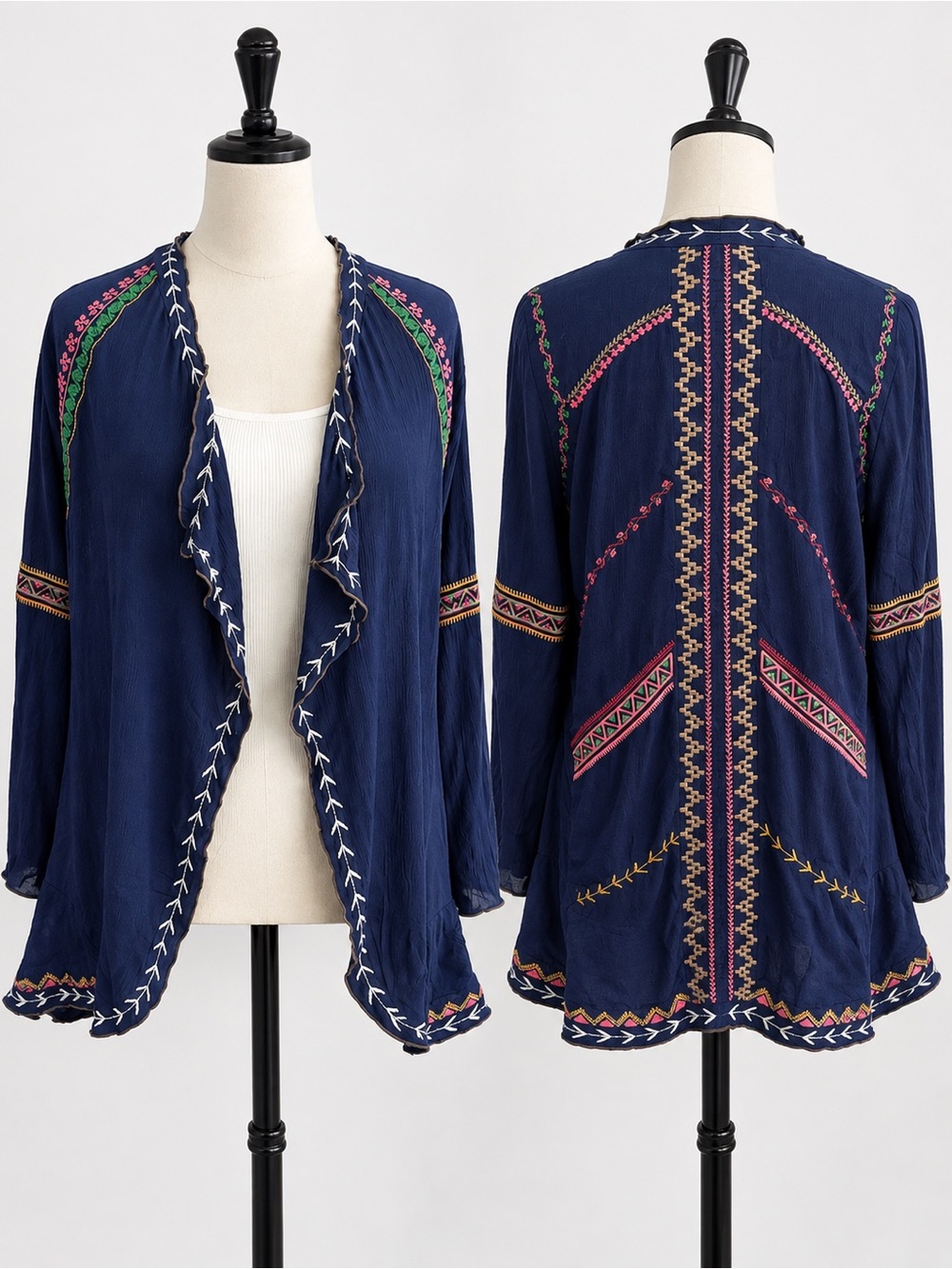 NWT Hot &Delicious Along the Tribal Trail Embroidered Boho Open Front Cardigan S